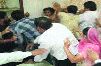 Municipal councillors exchange blows during a meeting in Yamunanagar on Monday.
