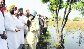 PPCC chief Partap Bajwa speaks to a farmer at a flood-affected village in Muktsar on Monday.