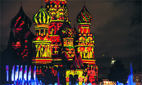 Musicians perform during the Spasskaya Tower international military and music Festival in front of Saint Basils Cathedral on Red Square in Moscow on Sunday.