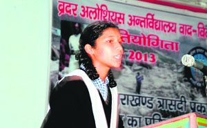 A participant in a Hindi debate competition in Mussoorie on Tuesday. 