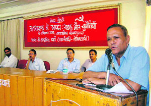 Raja Bahuguna, a member of the central committee of the CPI (ML), speaks at a seminar on natural disaster organised by the party in Srinagar on Tuesday. 