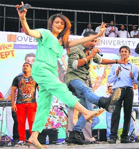 Silver screen: Bollywood actor Aarti Chhabria performs during the promotion of her upcoming Punjabi movie Viyah 70 Km at Lovely Professional University near Jalandhar on Tuesday