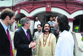 German Ambassador to India Michael Steiner with musicians Pandit Bhajan Sopori and Abhay Rustum Sopori in Srinagar on Tuesday