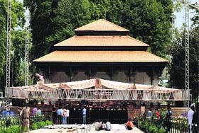 Preparations underway for the forthcoming Zubin Mehta concert at the Shalimar Garden in Srinagar on Tuesday