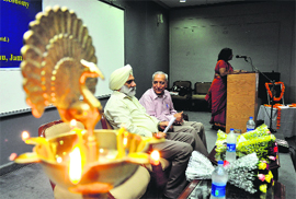 JU Vice-Chancellor Prof MPS Ishar (in turban) and Prof DN Dhanagare share a dais during the IXth Prof SC Dube Memorial Lecture in the university on Tuesday.