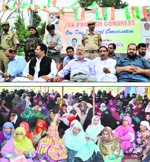 Minister for Medical Education, Sports and Youth Affairs Taj Mohiuddin along with Congress leaders and (below) women party workers during the Jammu and Kashmir Pradesh Congress one-day political conversation programme in Srinagar on Tuesday.