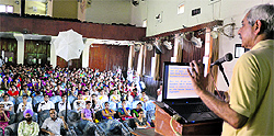 ENT specialist Arun Mitra speaks during the installation ceremony of a science society at the Government College for Girls in Ludhiana on Tuesday