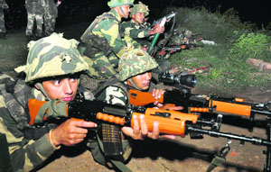 BSF personnel man the LoC during night along the Rajouri-Poonch axis.