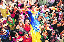 Elated supporters of Harpreet Kaur, who was elected the president of the student council of the Post Graduate Government College for Girls in Sector 42, Chandigarh
