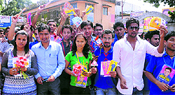 Candidates in the students council elections campaign at DAV (PG) in Dehradun on Wednesday