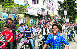 An NSUI group takes out a procession in support of its candidates in Mussoorie on Wednesday