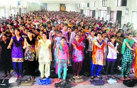 Students take a pledge to eradicate female foeticide at Dayanand Mahila Maha Vidyalaya, Kurukshetra, on Wednesday