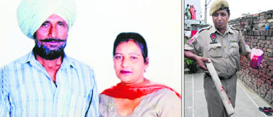 A file photo of Jeet Singh and Jagdish Kaur; and (right) a policeman shows the wooden grinder used by Jeet Singh to kill Jagdish Kaur at Raj Nagar in Jalandhar on Wednesday. 