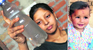 (Left) A resident of the Garha area shows a bottle full of contaminated water, received from a tap in her house, in Jalandhar on Wednesday; and Reeti, who died allegedly after drinking contaminated water. 