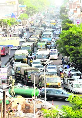 Traffic travails: A view of the traffic jam near Fauji Chowk in Bathinda on Thursday