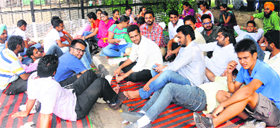 Supporters of various student organisations on an indefinite hunger strike at PU in Chandigarh on Thursday.