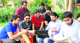 A day after the student elections, newly elected president Chandan Rana ( third from left) was found relaxing with other senior leaders on the university campus on Thursday.