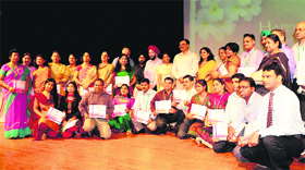 Teachers during an award ceremony at Tagore Theatre in Sector 18, Chandigarh, on Thursday.