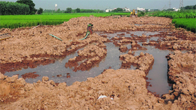 Water accumulates on the muddy ground following a leakage in a pipeline at Gharuan village.