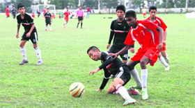 A match in progress during the RIMC Soccer Cup in Dehradun on Thursday.