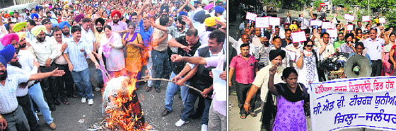Aided school teachers hold a protest in Jalandhar; and (right) classical and vocal teacher unions protest outside the DC office in Jalandhar on Thursday. 