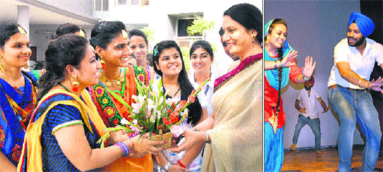 Students of Apeejay College of Fine Arts present a bouquet to their principal; (right) students of the college perform dance on the occasion of Teacher's Day in Jalandhar.  