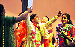 Students of SIFT offer cake to their teachers during the Teachers Day celebrations in Ludhiana on Thursday; and (below) teachers of Kundan Vidya Mandir Senior Secondary School celebrate their day