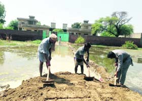 In troubled waters: Villagers make way through a waterlogged ground along the Ferozepur Road in Muktsar on Thursday