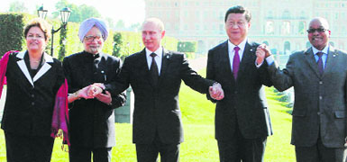 (From left) Brazilian President Dilma Rousseff, Indian PM Manmohan Singh, Russian President Vladimir Putin, Chinese President Xi Jinping and South African President Jacob Zuma during the G-20 Summit in St Petersburg on Thursday. 