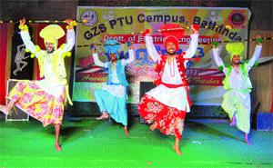 Students present an item during freshers party on GZS PTU campus in Bathinda. 