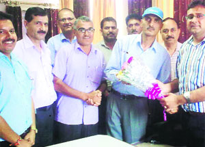 A delegation of All J&K Plus-2 Lecturer Forum greets Sourabh Bhagat, IAS,  Director School Education, Jammu, in his office chamber in Jammu on Friday. 