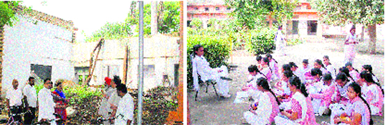 A collapsed room in Government Senior Secondary Girls School, Phagwara; (left) and students of Government Senior Secondary School, Phagwara, attending a class in open air. Tribune photos