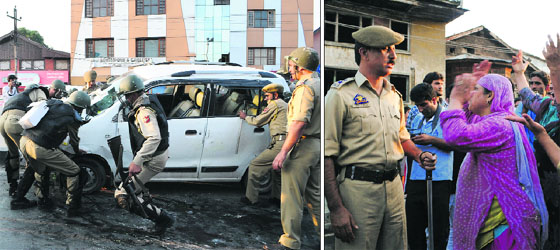 Policemen push a car which was reportedly fired at by the CRPF forces, injuring two persons; (right) people of Musaima protest against the firirng in Srinagar on Saturday. 
