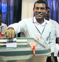 Former Maldivian President Mohamed Nasheed votes in Male on Saturday. 