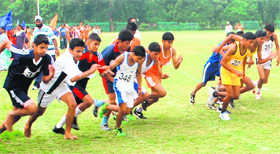 Students participate in a race during the 44th KVS Golden Jubilee Regional Athletics Meet in Amritsar on Sunday.