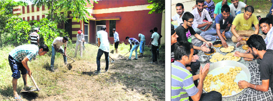 NSS voluteers clean the college premises during an NSS camp held at Government Rajindra College in Bathinda on Sunday; (right) students at the camp sit together to prepare their meal. 