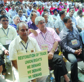 Members of the All India State Bank Officer Federation sitting on dharna in protest against the vindictive attitude of the management and to reiterate the right to demonstrate in a peaceful manner at Jantar Mantar in New Delhi on Sunday. 