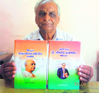 Teacher-turned-author Ikmal Singh Chauhan with his two Maha Kavyas in Dehradun on Sunday. 