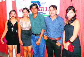 Actresses Anamika Kadamb and Vaishali Arora with other members of a film unit in Haridwar on Sunday.