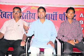 ABVP national secretary Ramesh Garya addresses mediapersons in Dehradun on Sunday