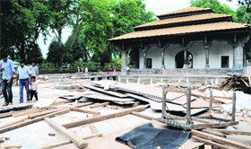 A view of the dismantled stage and heaps of waste material left in the garden after Zubin Mehta's concert in Srinagar on Sunday.