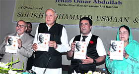 Union Minister Farooq Abdullah during a book release function in Srinagar on Sunday.