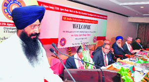 Sharanjit Dhillon, PWD Minister, speaking at the SAARC Engineers meet in Chandigarh on Sunday.