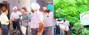 A Municipal Corporation house tax team argues with the General Manager of the Industries Department; and (right) a drummer beats a drum outside the office of the Senior Technical Officer, Industries Department, which owes the MC Rs 4.82 lakh tax, in Amritsar on Monday