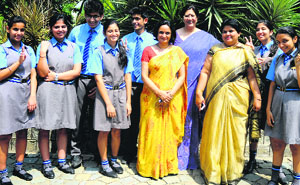 Students with their teachers after a press conference at Vivek High School, Sector 38, in Chandigarh on Monday. 