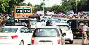 A traffic jam on the road dividing Sectors 7 and 8 in Panchkula on Monday during a protest held by the Sarv Karamchari Sangh, Haryana. 