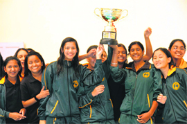 Girls of Wynberg Allen School who have won the overall trophy in the 4th Mrs West Memorial Invitational Girls' Swimming Competition in Mussoorie on Monday. 