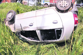 The car after it overturned near Rajound village in Kaithal district on Sunday. 