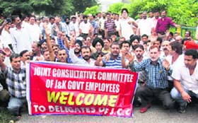 Up in arms: Members of the Joint Consultative Committee of the J&K Government Employees Association stage a protest in support of their demands in Jammu on Monday