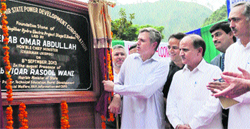 Chief Minister Omar Abdullah lays the foundation stone of phase II of the 450-MW Baghliar hydroelectricity project at Chanderkote in Ramban district on Sunday. A Tribune photograph